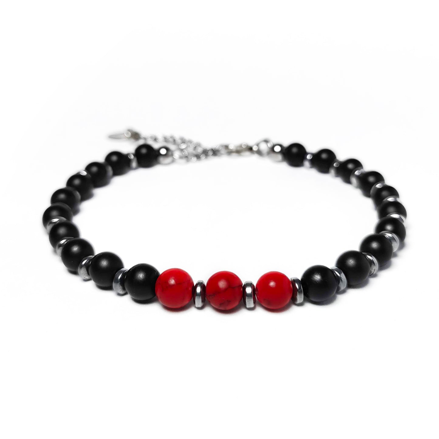 Bracciale uomo onice nero aulite rossa e inserti ematite acciaio frontale chiuso