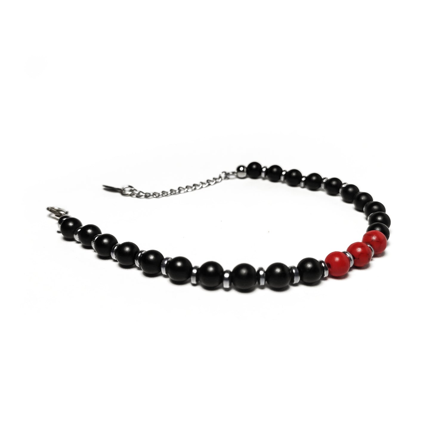 Bracciale uomo onice nero aulite rossa e inserti ematite acciaio frontale aperto
