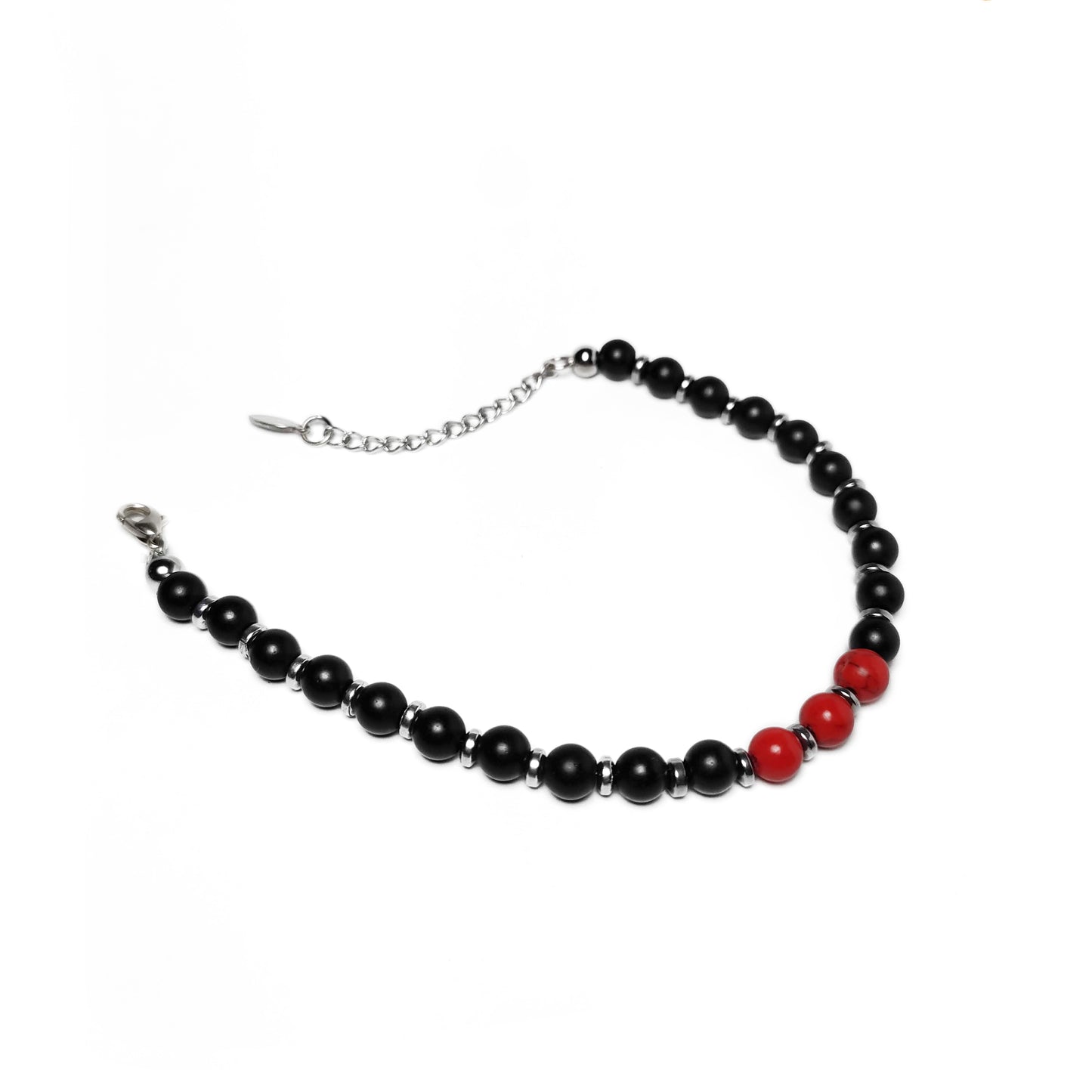 Bracciale uomo onice nero aulite rossa e inserti ematite acciaio da alto aperto