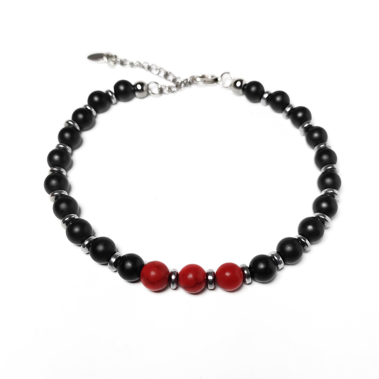Bracciale uomo onice nero aulite rossa e inserti ematite acciaio alto chiuso