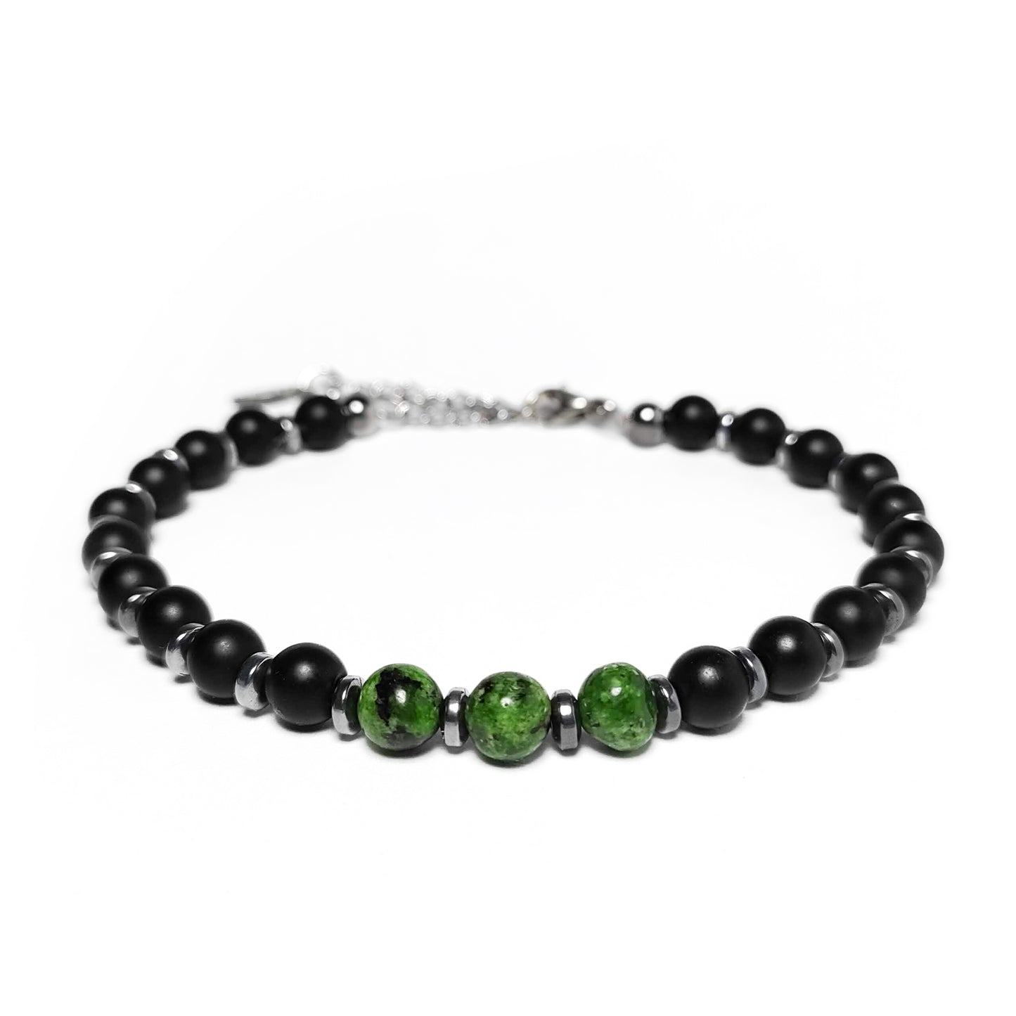 bracciale uomo onice nero con agata verde e inserti ematite acciaio frontale chiuso