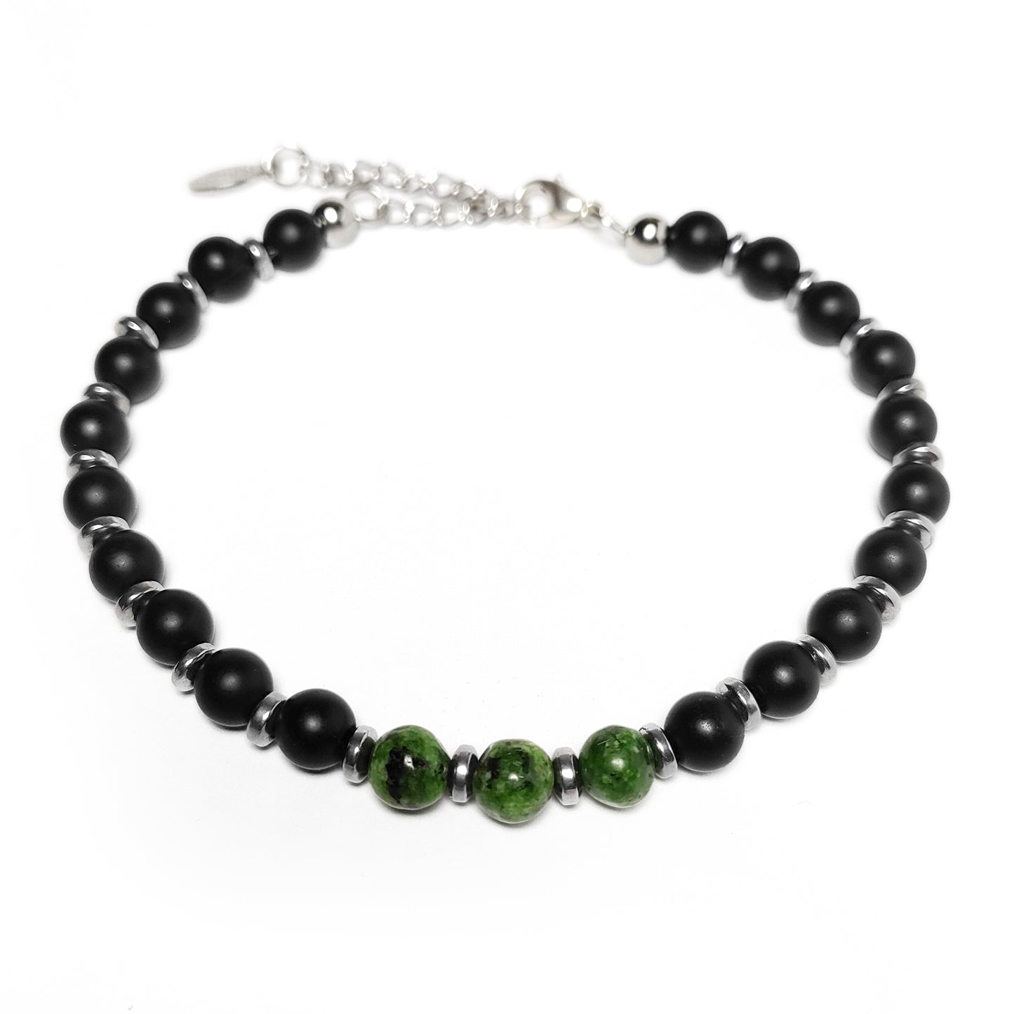 bracciale uomo onice nero con agata verde e inserti ematite acciaio dall'alto chiuso