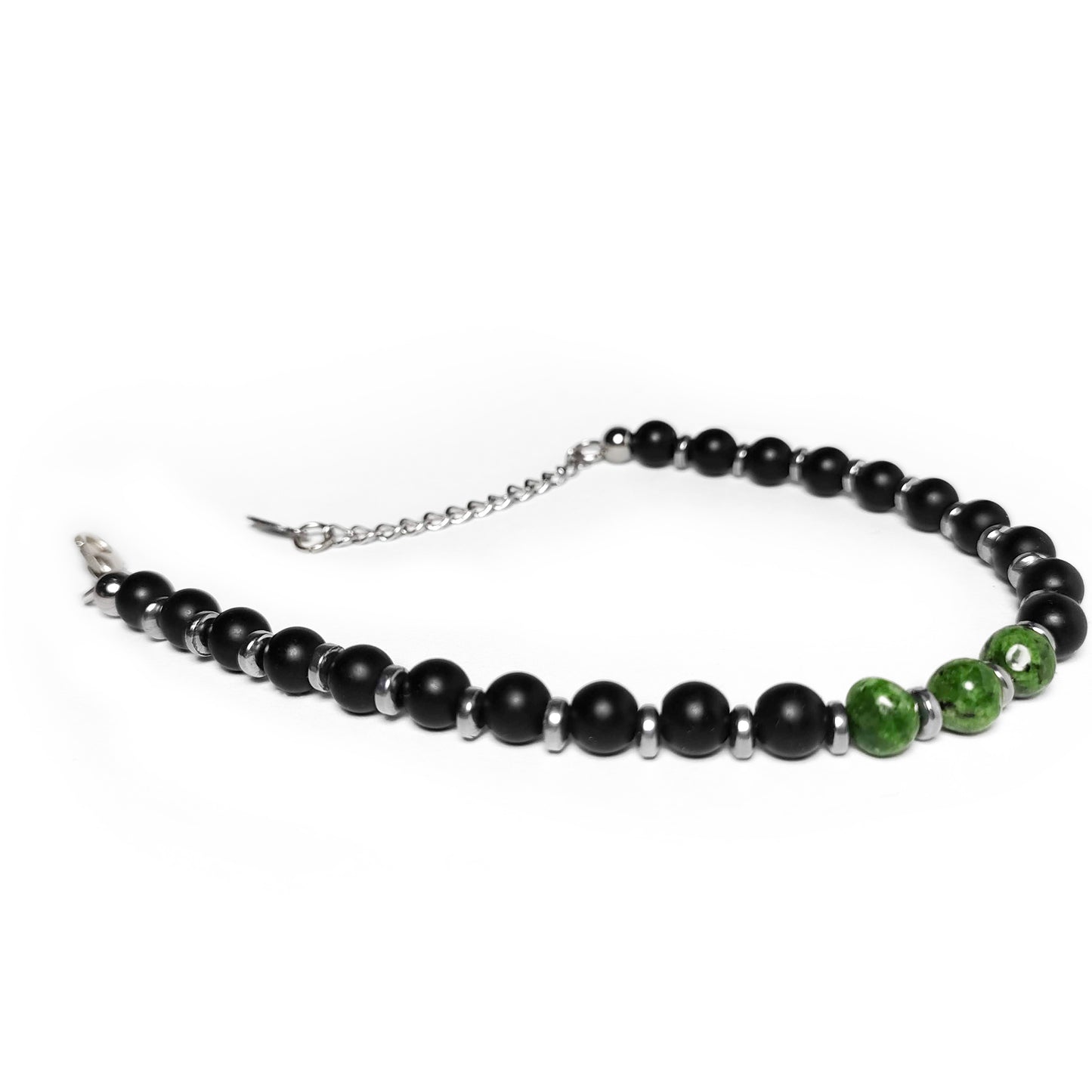 bracciale uomo onice nero con agata verde e inserti ematite acciaio frontale aperto