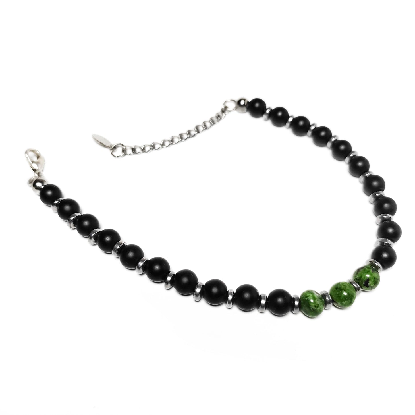 bracciale uomo onice nero con agata verde e inserti ematite acciaio dall'alto aperto