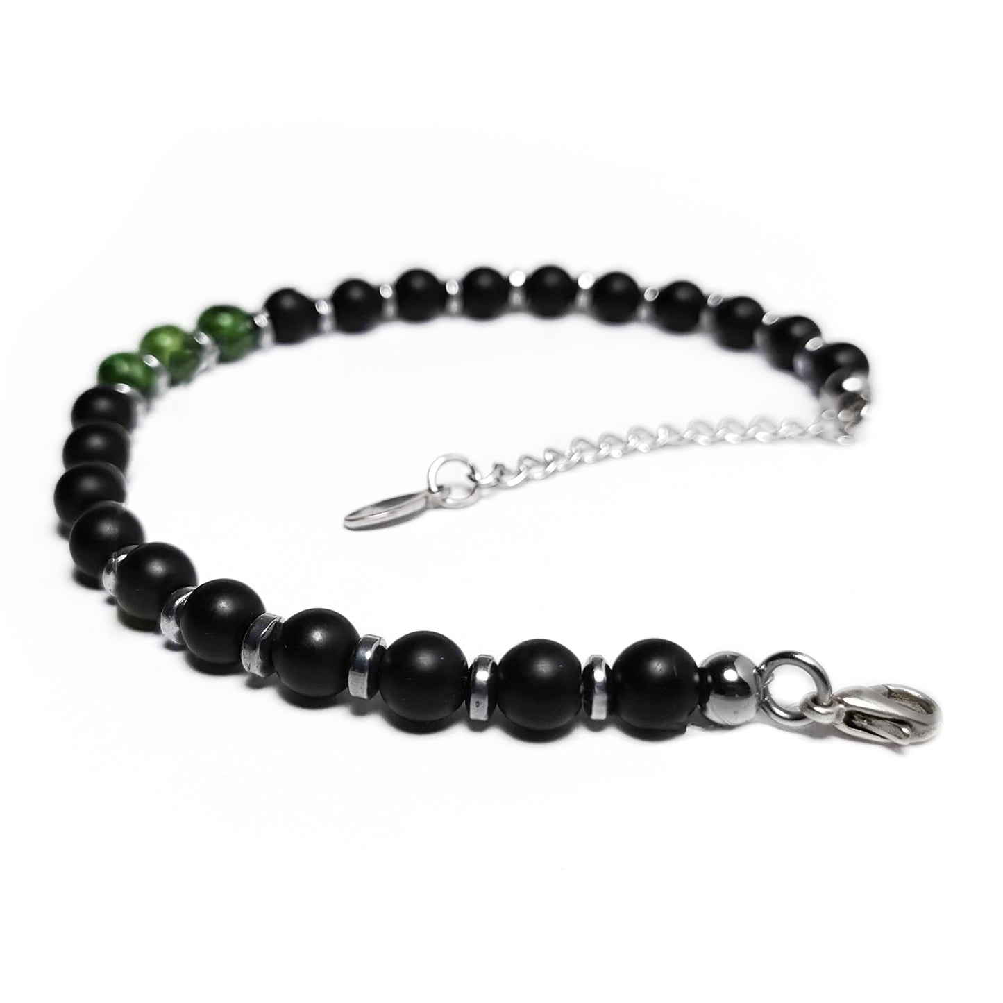 bracciale uomo onice nero con agata verde e inserti ematite acciaio dettaglio chiusura