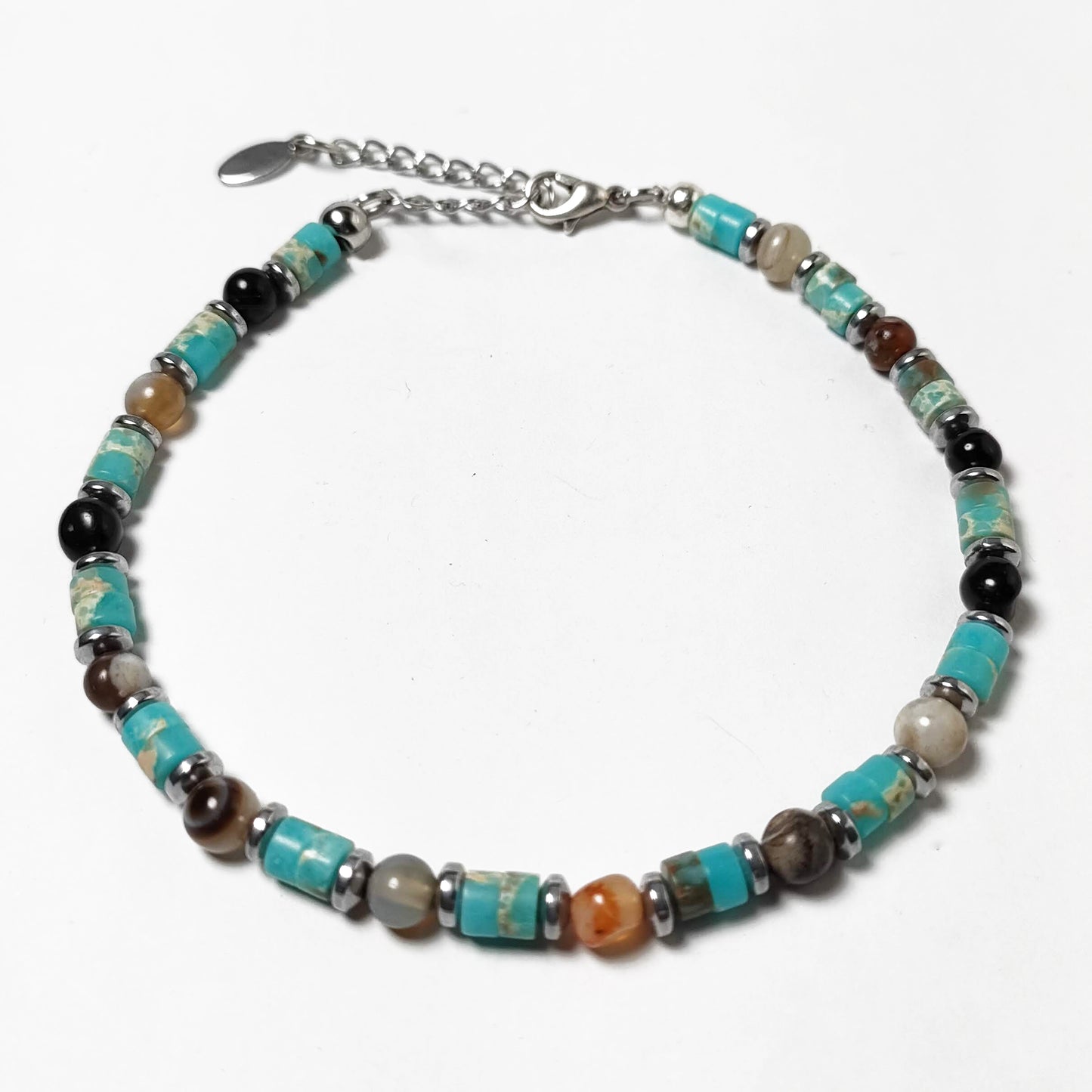 Bracciale da Uomo con Rondelle di Turchese Pietre di Agata e Rondelle di Ematite Acciaio