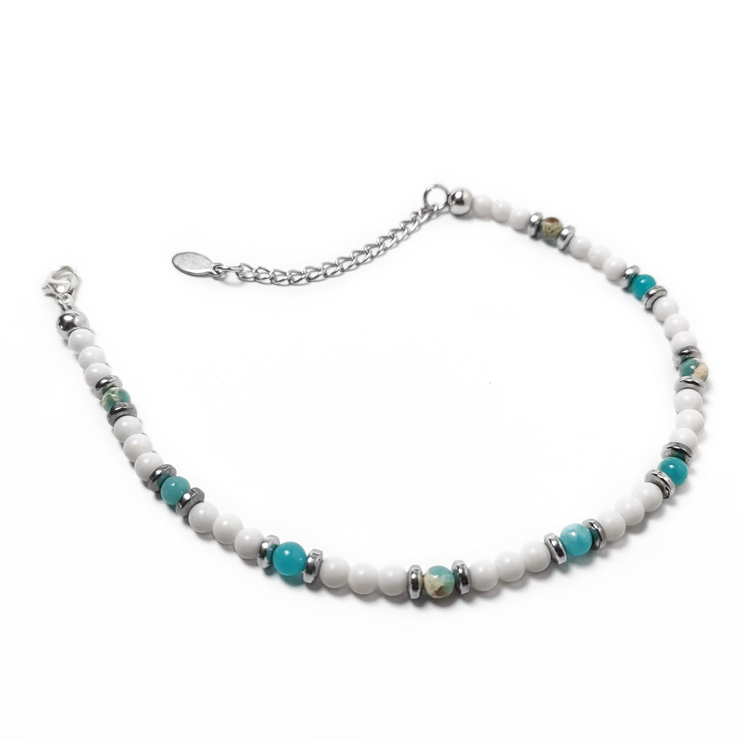 Bracciale da Uomo con Perle di Diaspro Verde Calcite Bianca Rondelle di Ematite Acciaio