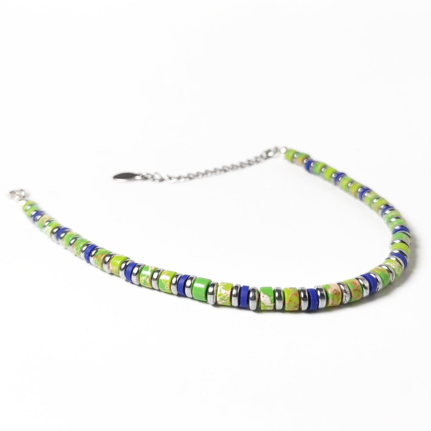 Bracciale con Pietre Dure Pasta di Diaspro Lime Ematite Argento e Inserti Blu