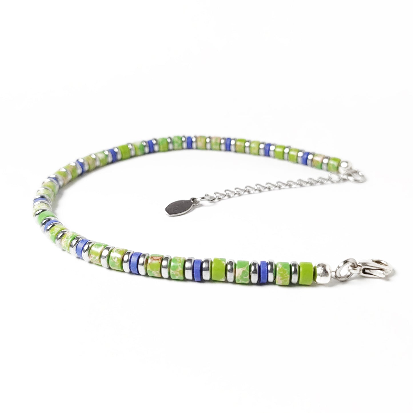 Bracciale con Pietre Dure Pasta di Diaspro Lime Ematite Argento e Inserti Blu