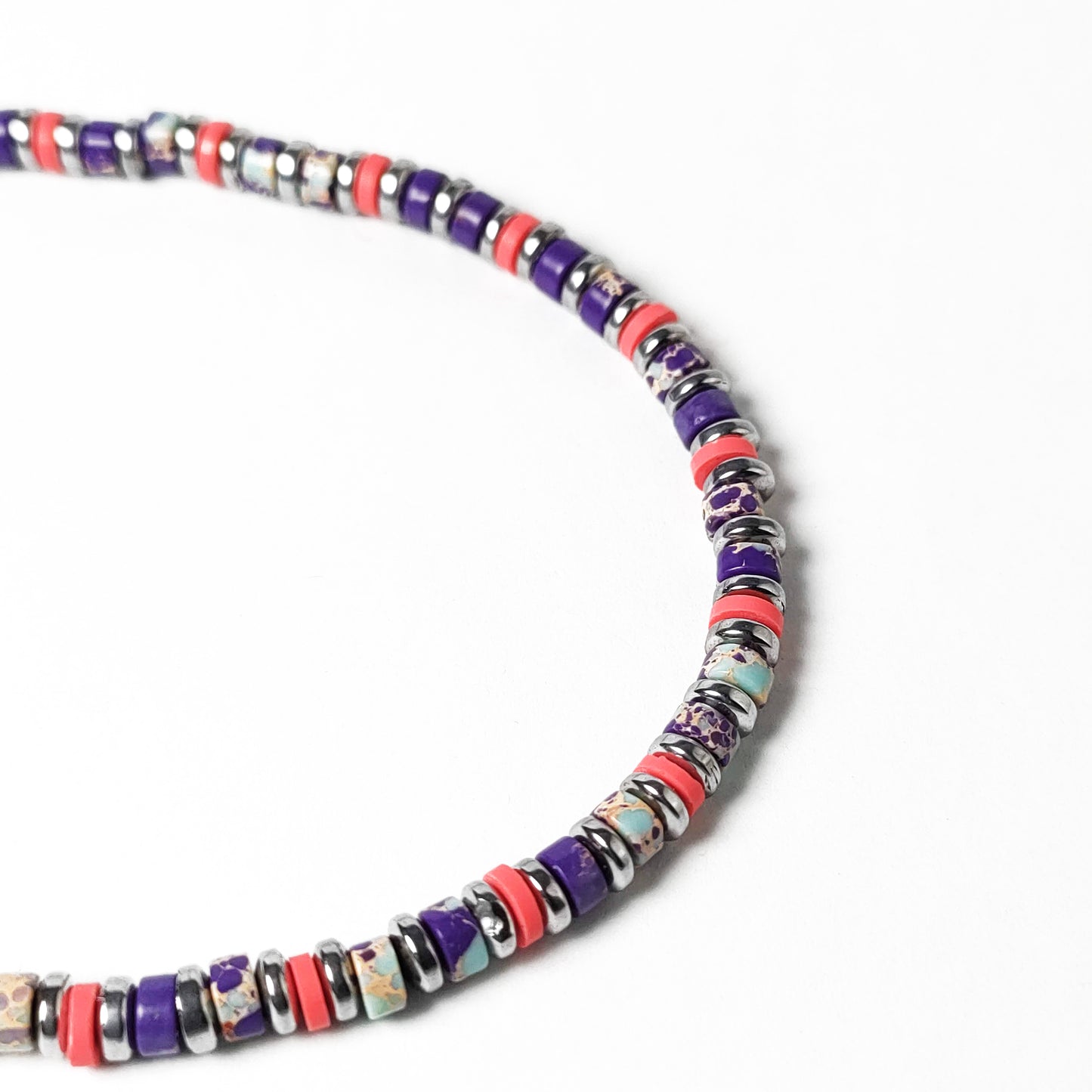 Bracciale con Pietre Dure Turchese Viola Ematite Argento e Inserti Fuxia