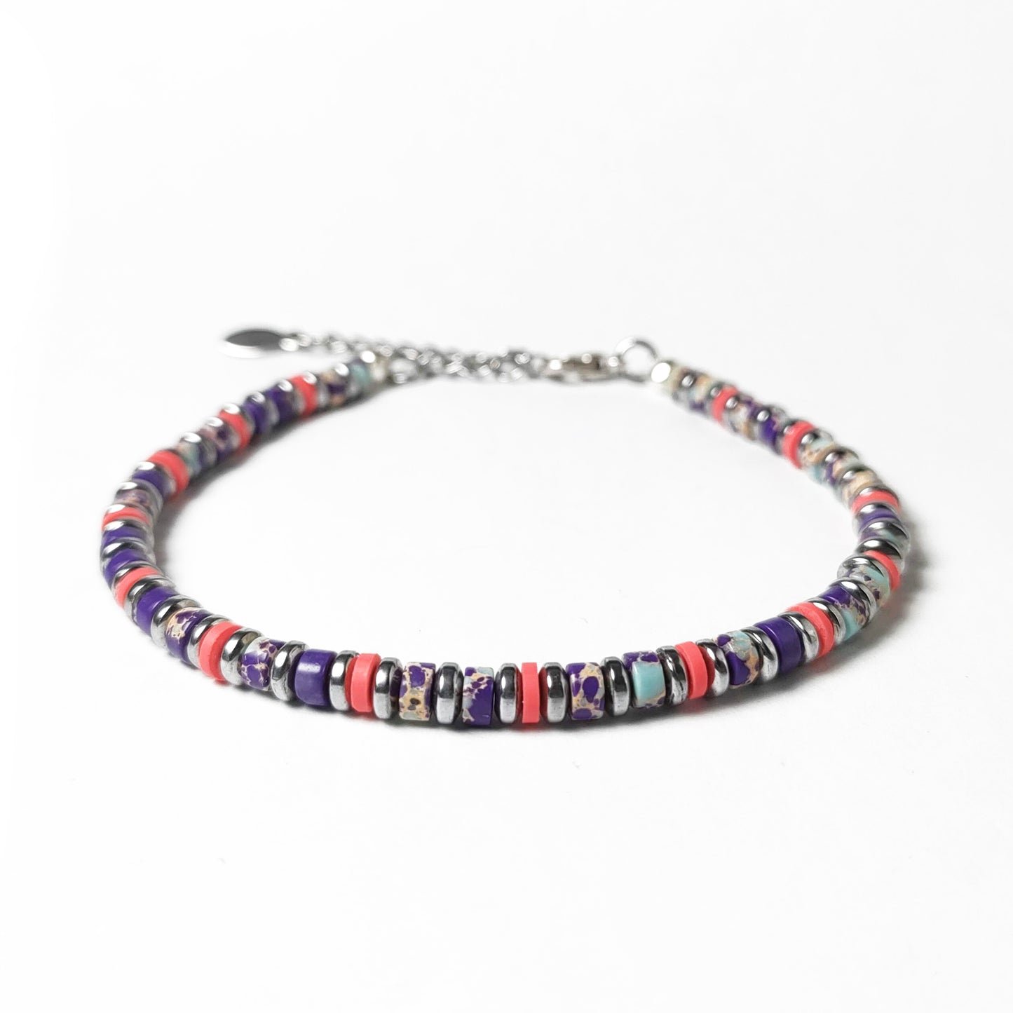 Bracciale con Pietre Dure Turchese Viola Ematite Argento e Inserti Fuxia