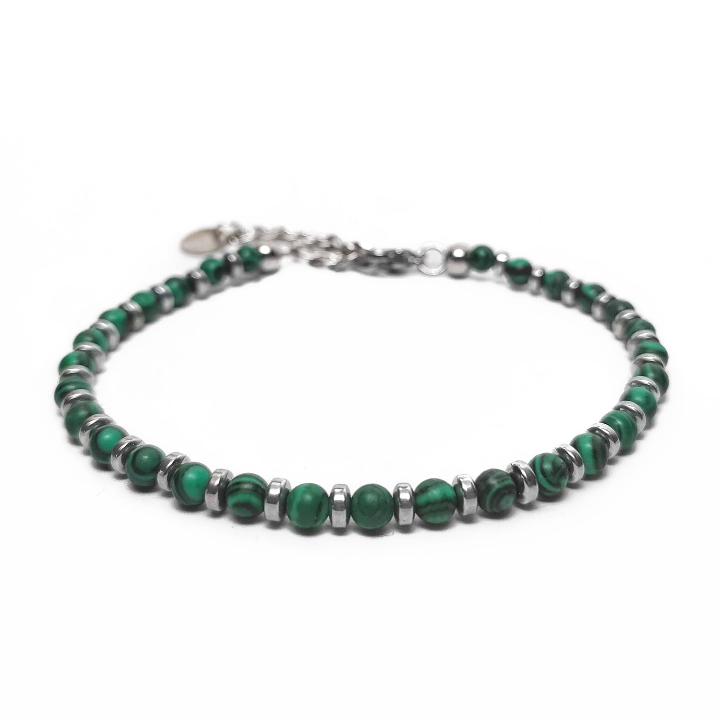 Bracciale con Perle di Malachite Verde e Rondelle di Ematite Argento