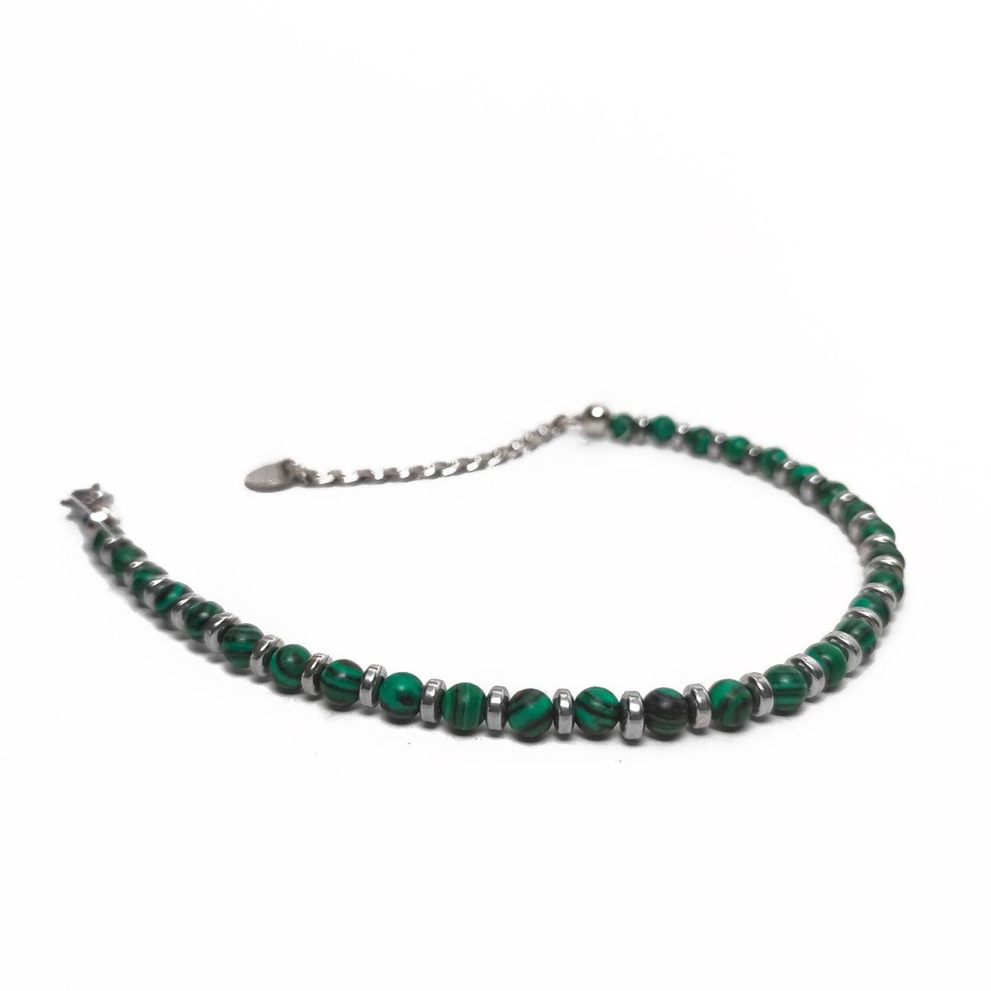 Bracciale con Perle di Malachite Verde e Rondelle di Ematite Argento