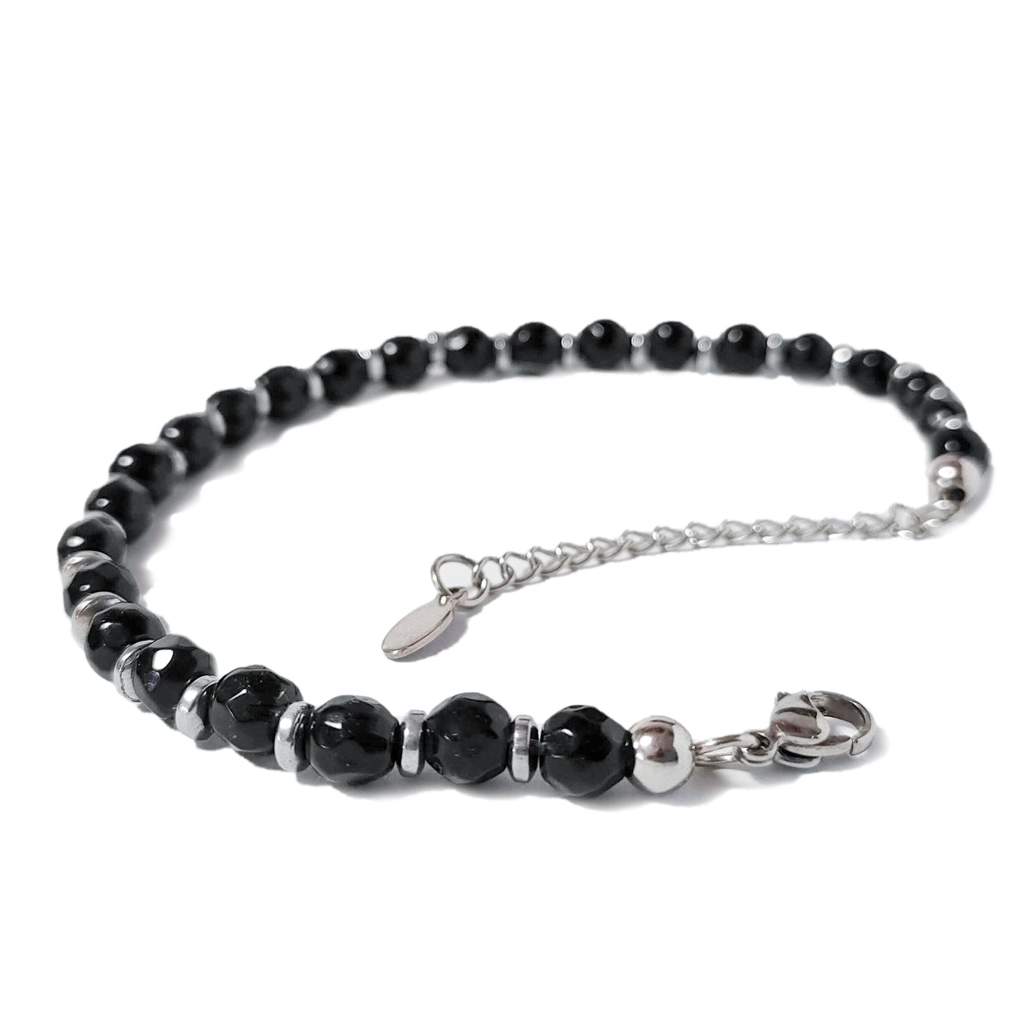 bracciale uomo onice nero lucido con inserti ematite acciaio dettaglio chiusura
