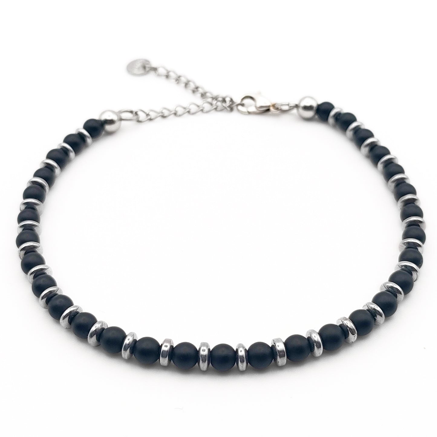 bracciale onice nero per uomo con inserti ematite acciaio dall'alto chiuso