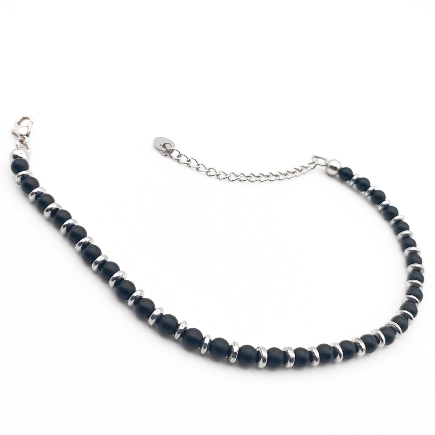 bracciale onice nero per uomo con inserti ematite acciaio dall'alto aperto