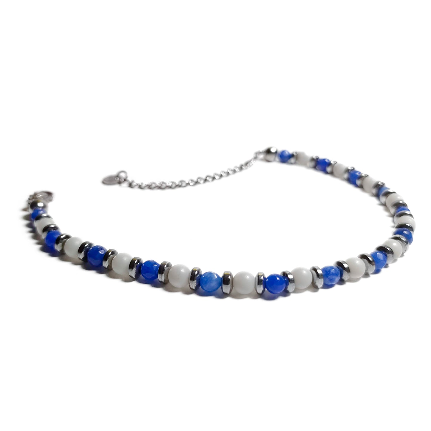 Bracciale con Agata Blu Ematite Argento Calcite in Acciaio Inox e Pietre Dure