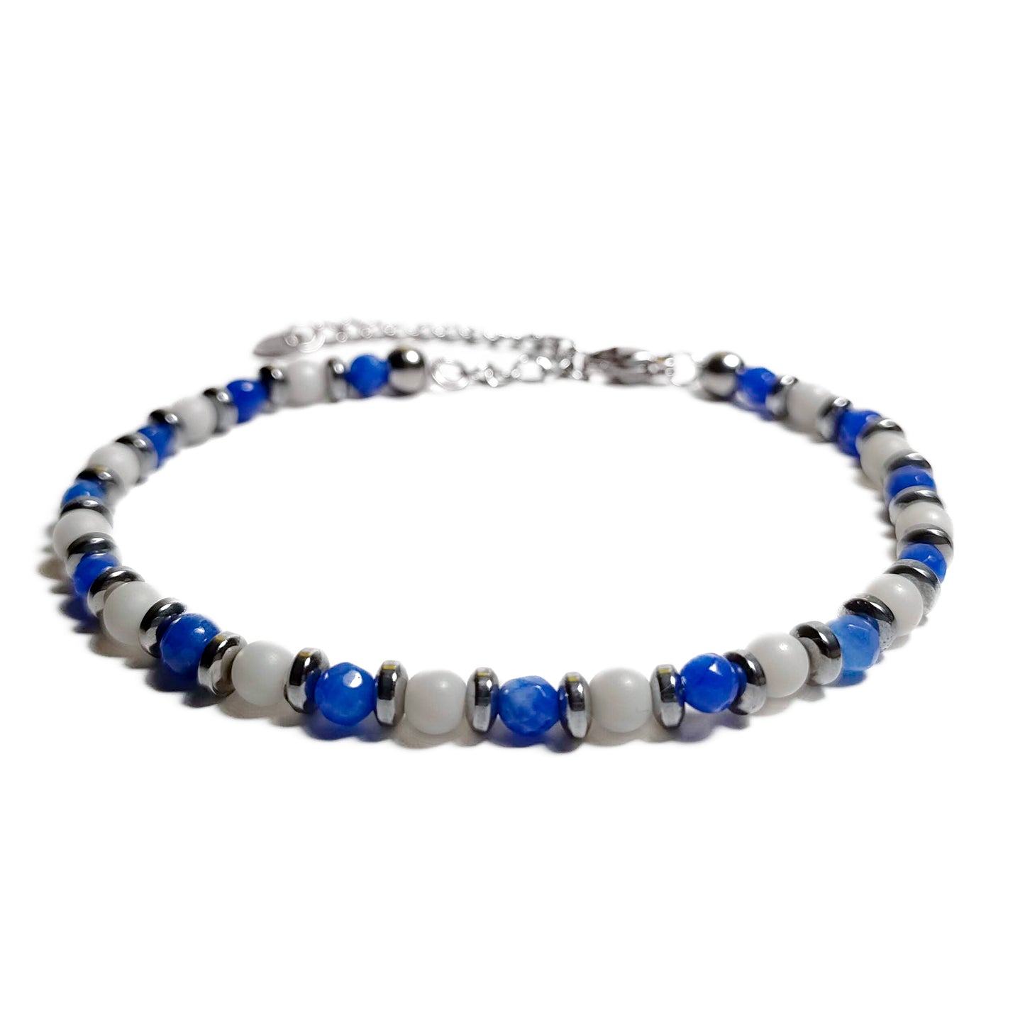 Bracciale con Agata Blu Ematite Argento Calcite in Acciaio Inox e Pietre Dure