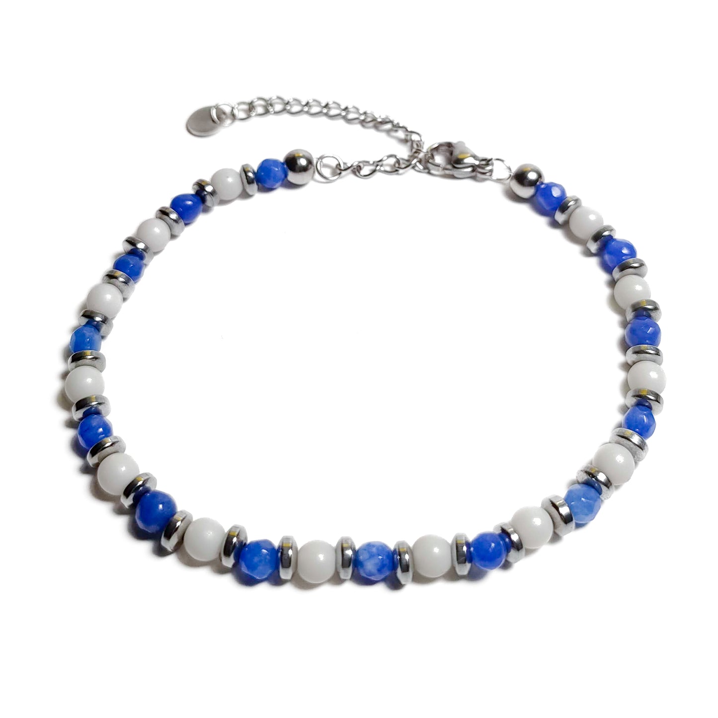 Bracciale con Agata Blu Ematite Argento Calcite in Acciaio Inox e Pietre Dure