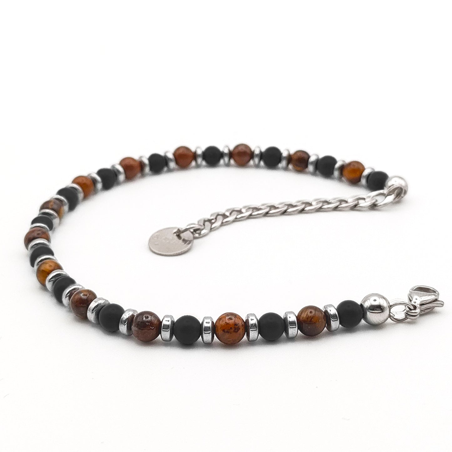 bracciale onice nero e occhio di tigre da uomo con inserti ematite acciaio dettaglio chiusura