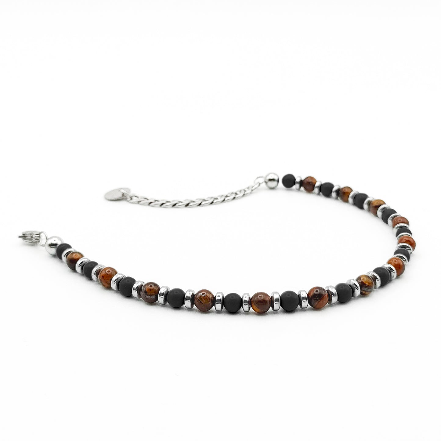 bracciale onice nero e occhio di tigre da uomo con inserti ematite acciaio vista frontale aperto