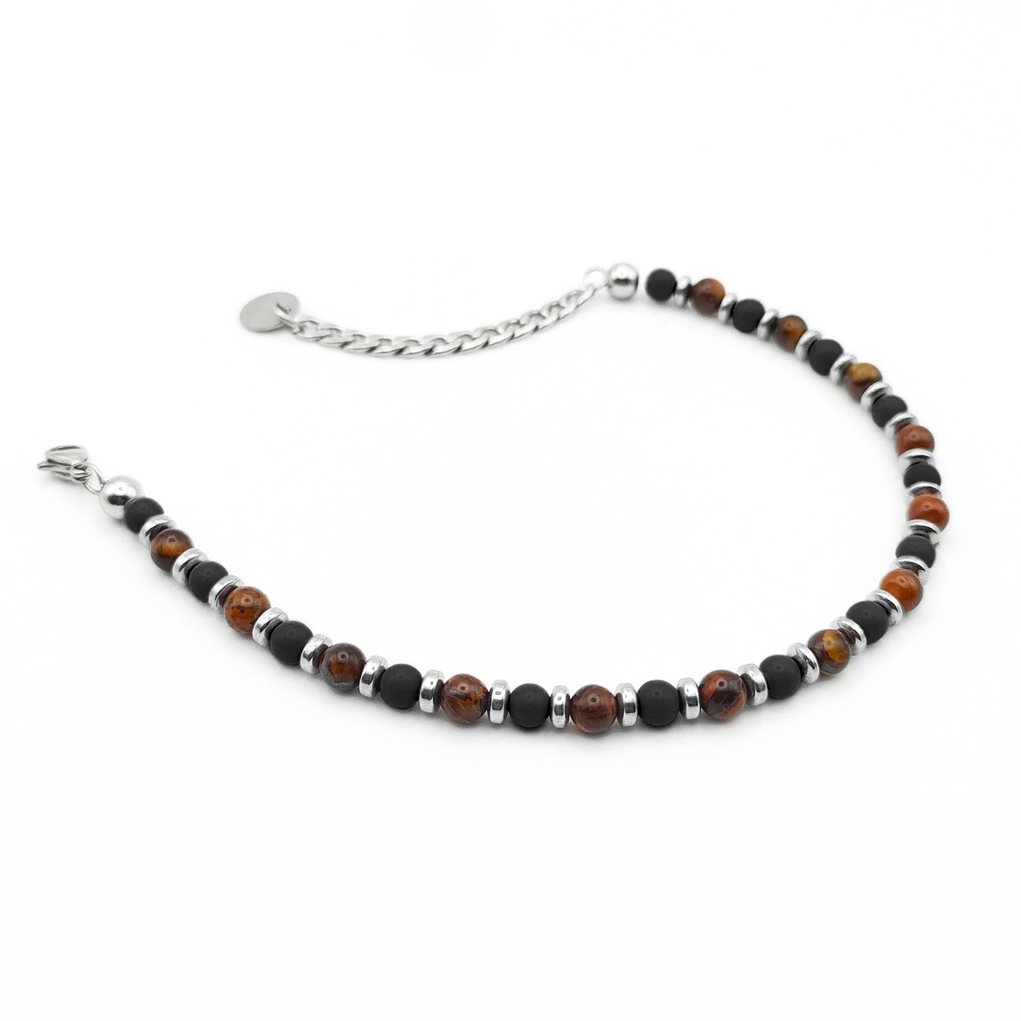 bracciale onice nero e occhio di tigre da uomo con inserti ematite acciaio dall'alto aperto
