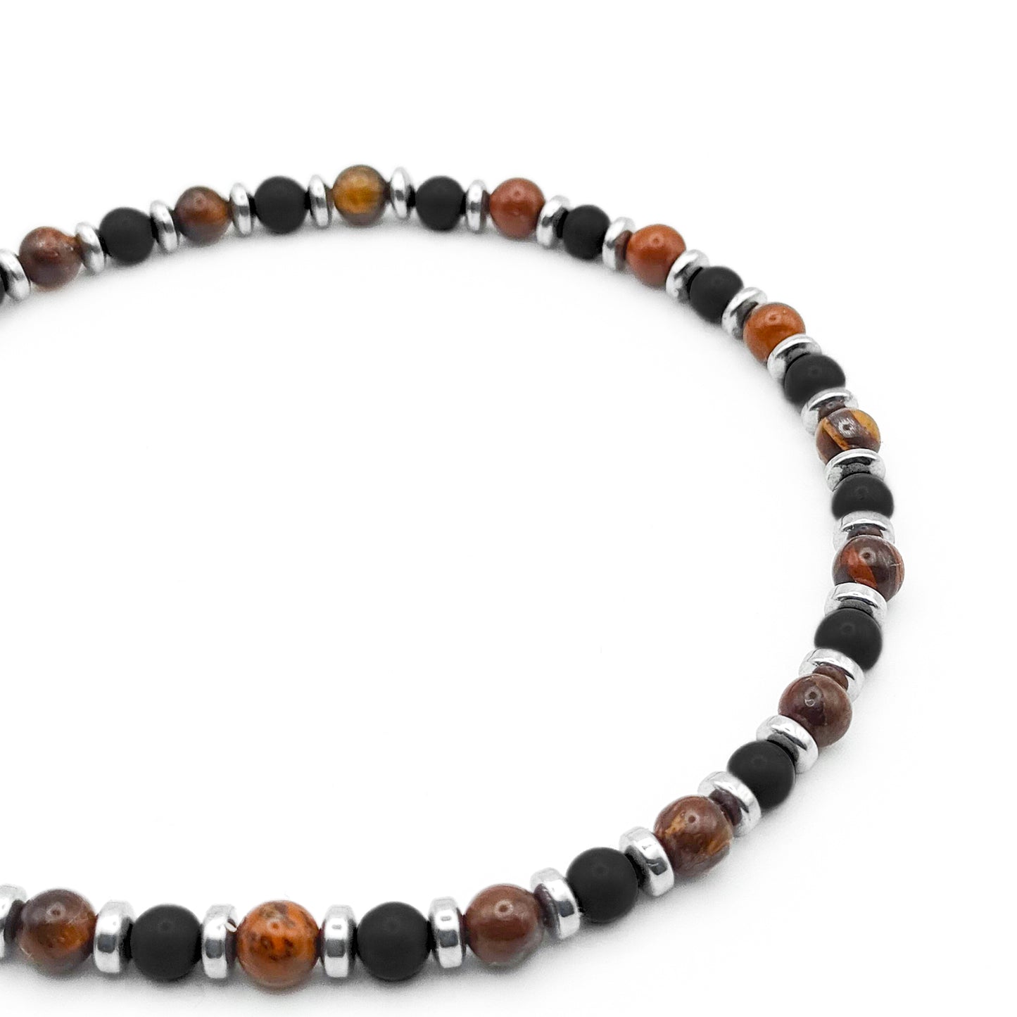 bracciale onice nero e occhio di tigre da uomo con inserti ematite acciaio dettaglio
