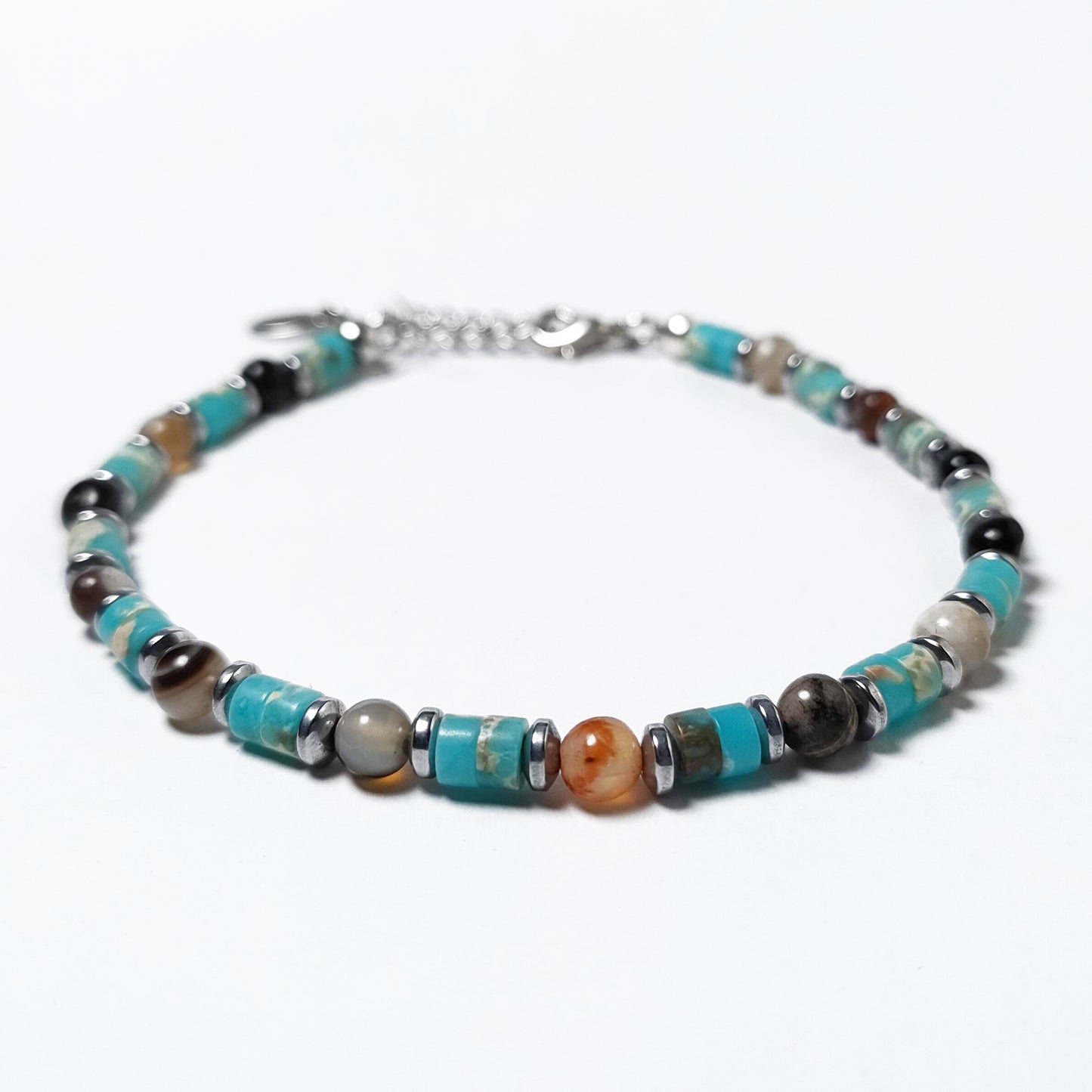 Bracciale da Uomo con Rondelle di Turchese Pietre di Agata e Rondelle di Ematite Acciaio