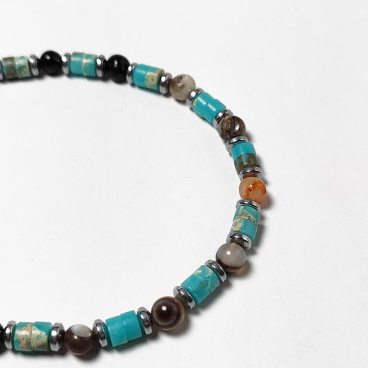 Bracciale da Uomo con Rondelle di Turchese Pietre di Agata e Rondelle di Ematite Acciaio