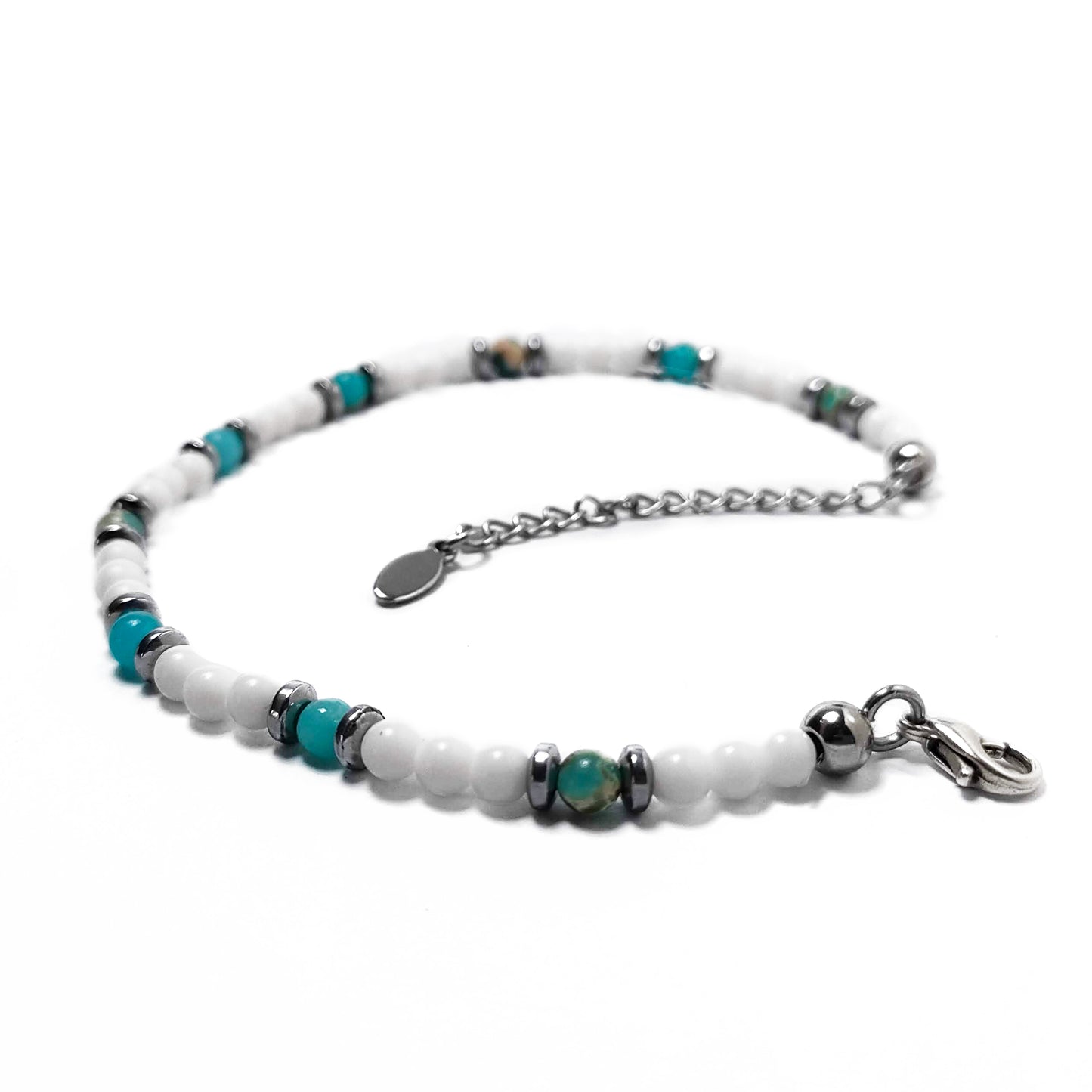 Bracciale da Uomo con Perle di Diaspro Verde Calcite Bianca Rondelle di Ematite Acciaio