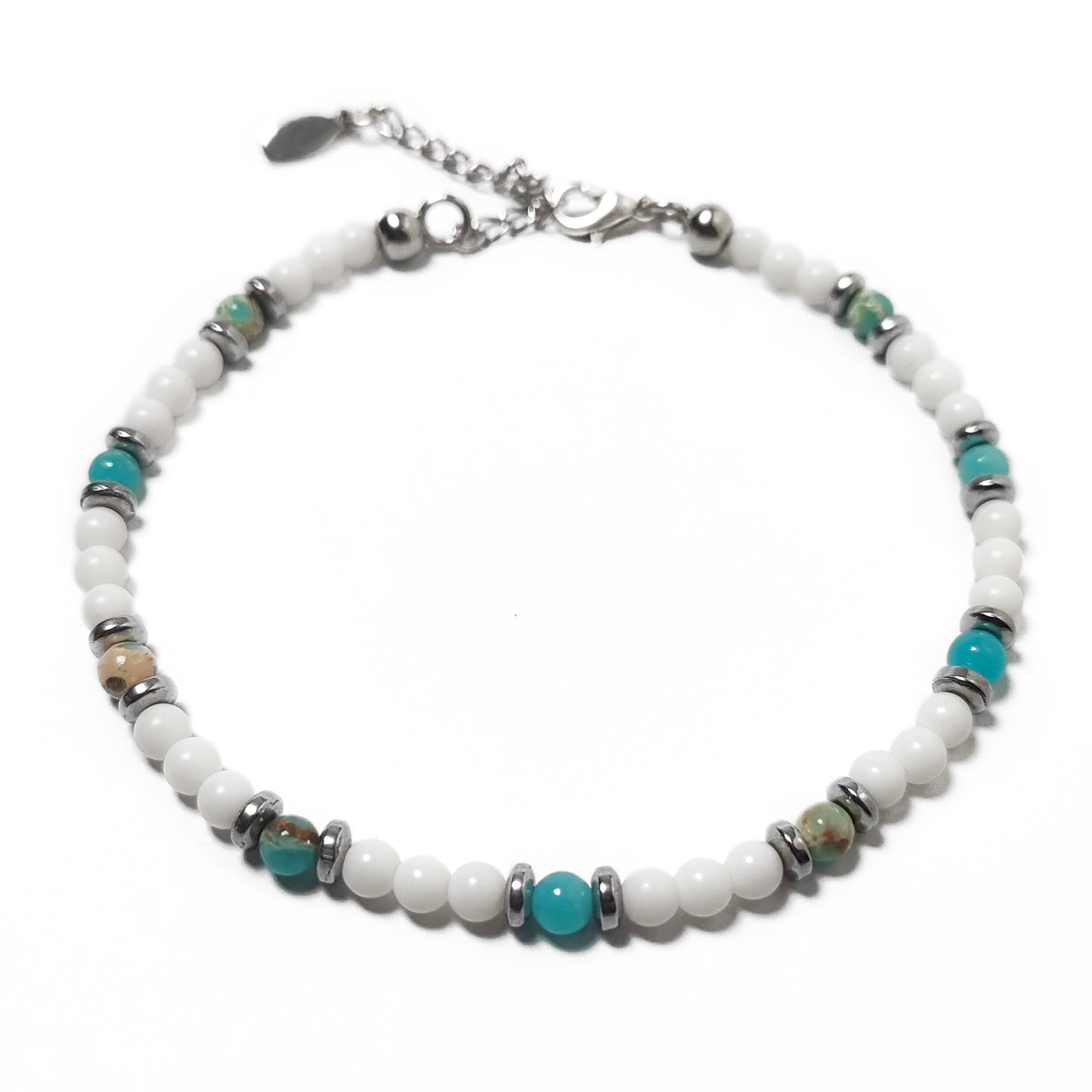 Bracciale da Uomo con Perle di Diaspro Verde Calcite Bianca Rondelle di Ematite Acciaio