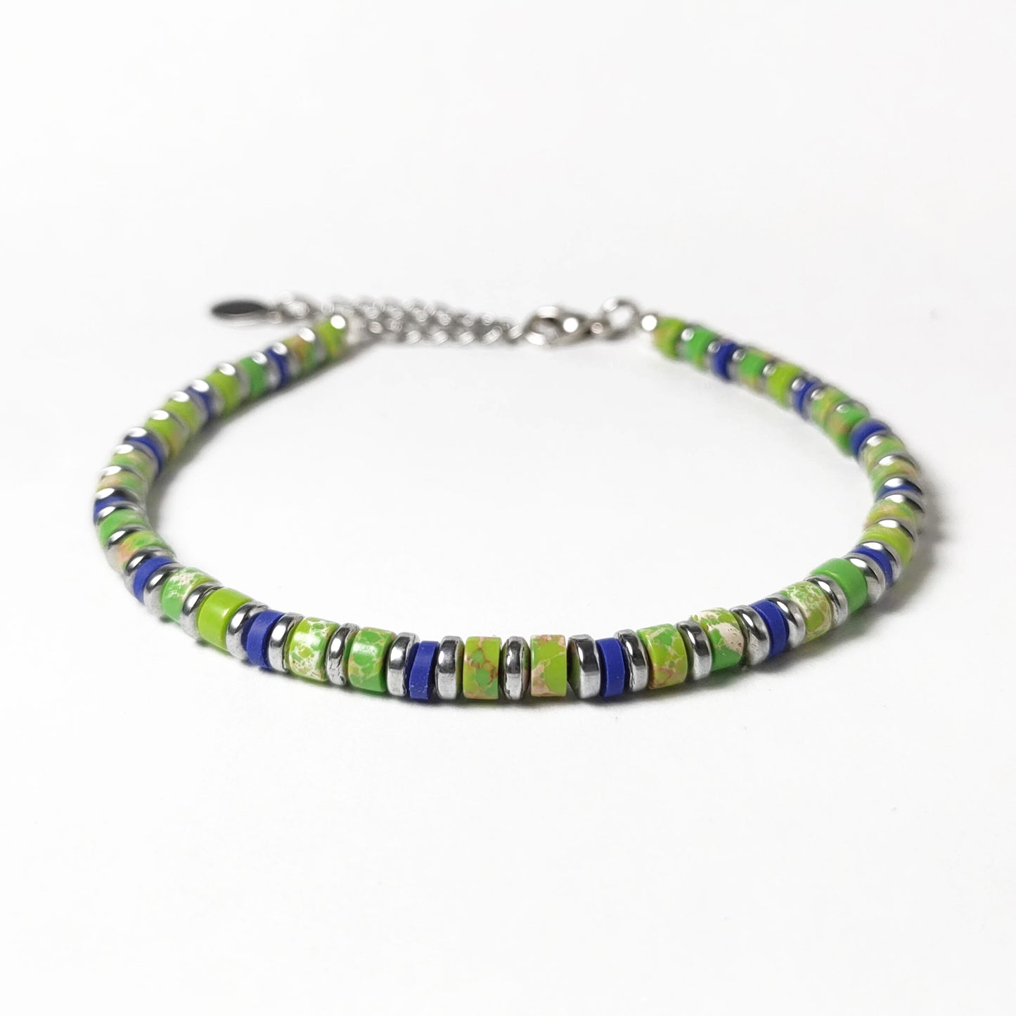 Bracciale con Pietre Dure Pasta di Diaspro Lime Ematite Argento e Inserti Blu