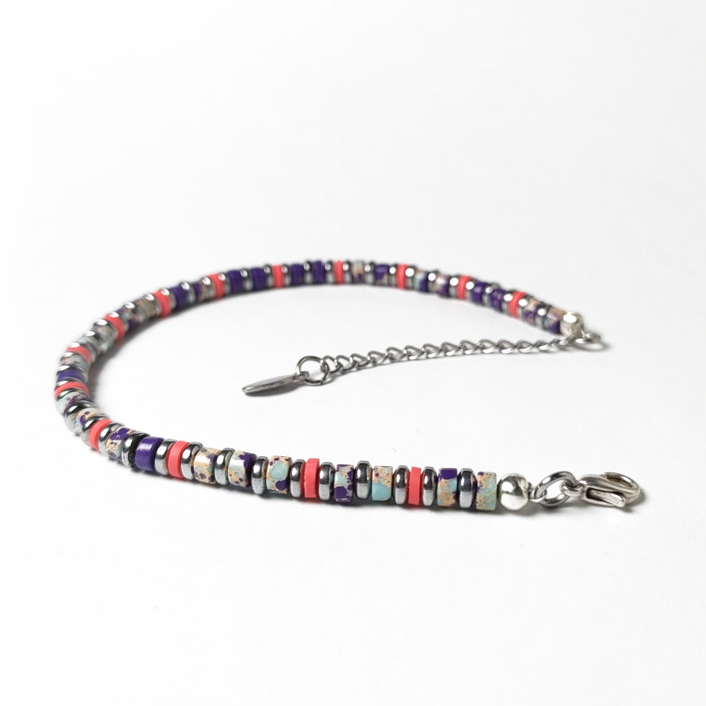 Bracciale con Pietre Dure Turchese Viola Ematite Argento e Inserti Fuxia