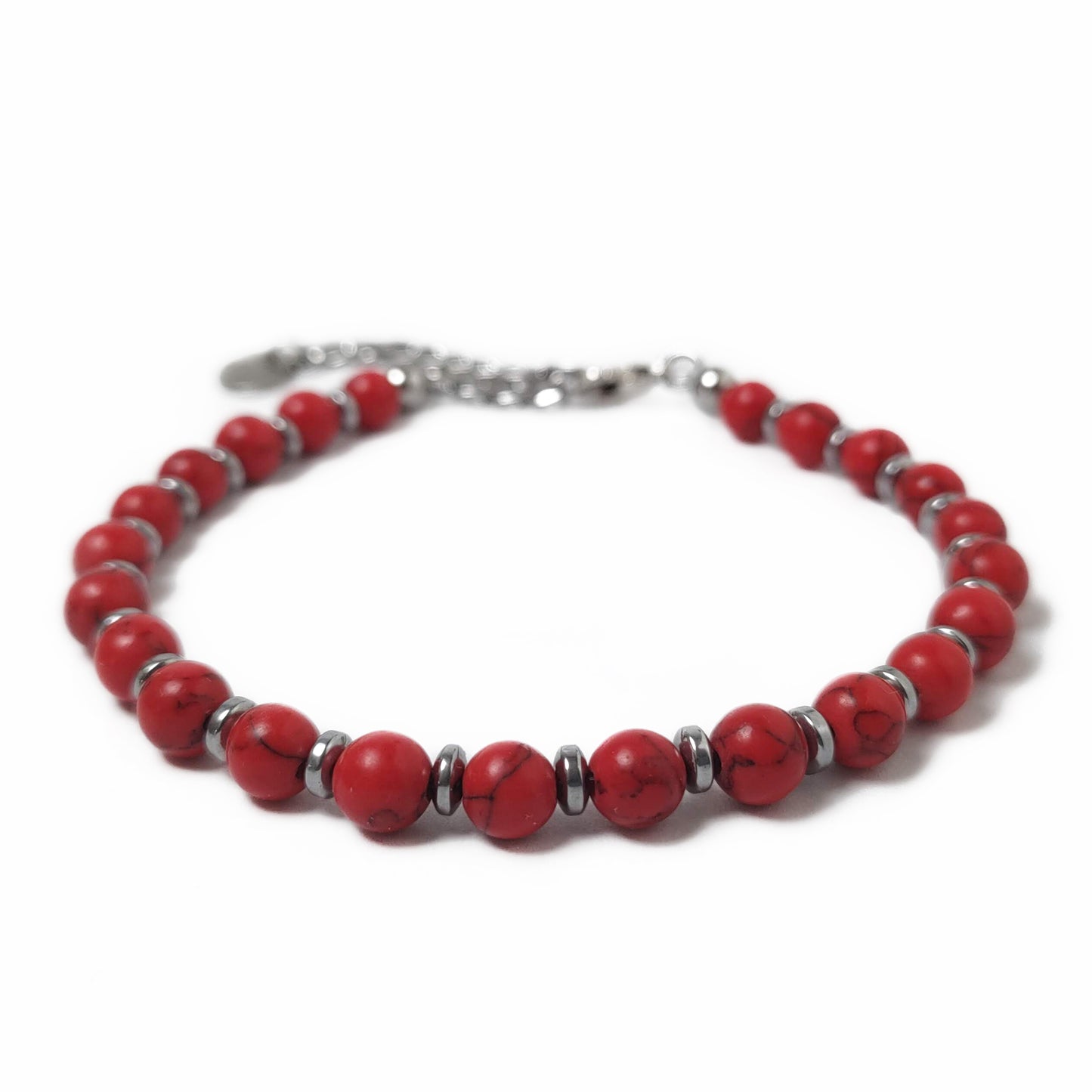 Bracciale da Uomo con Perle di Aulite Rossa Rondelle di Ematite Acciaio