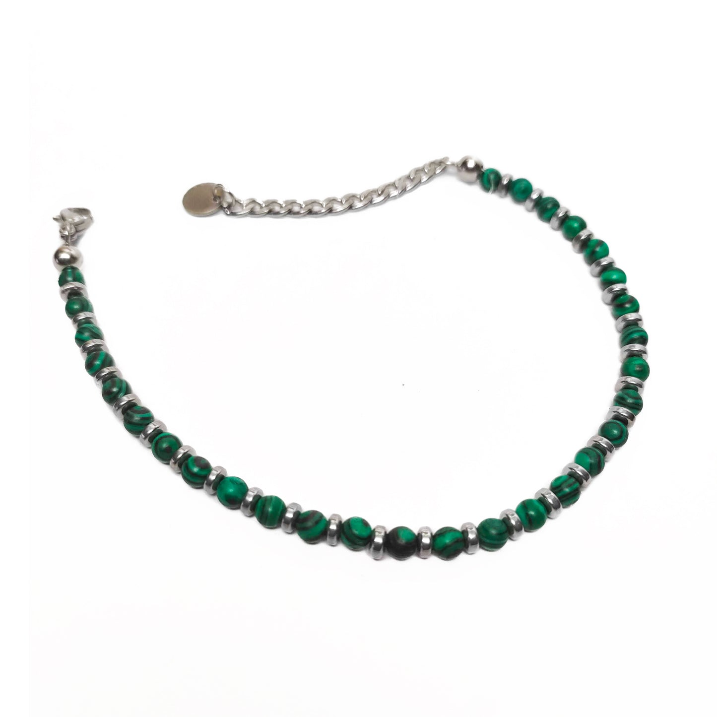 Bracciale con Perle di Malachite Verde e Rondelle di Ematite Argento