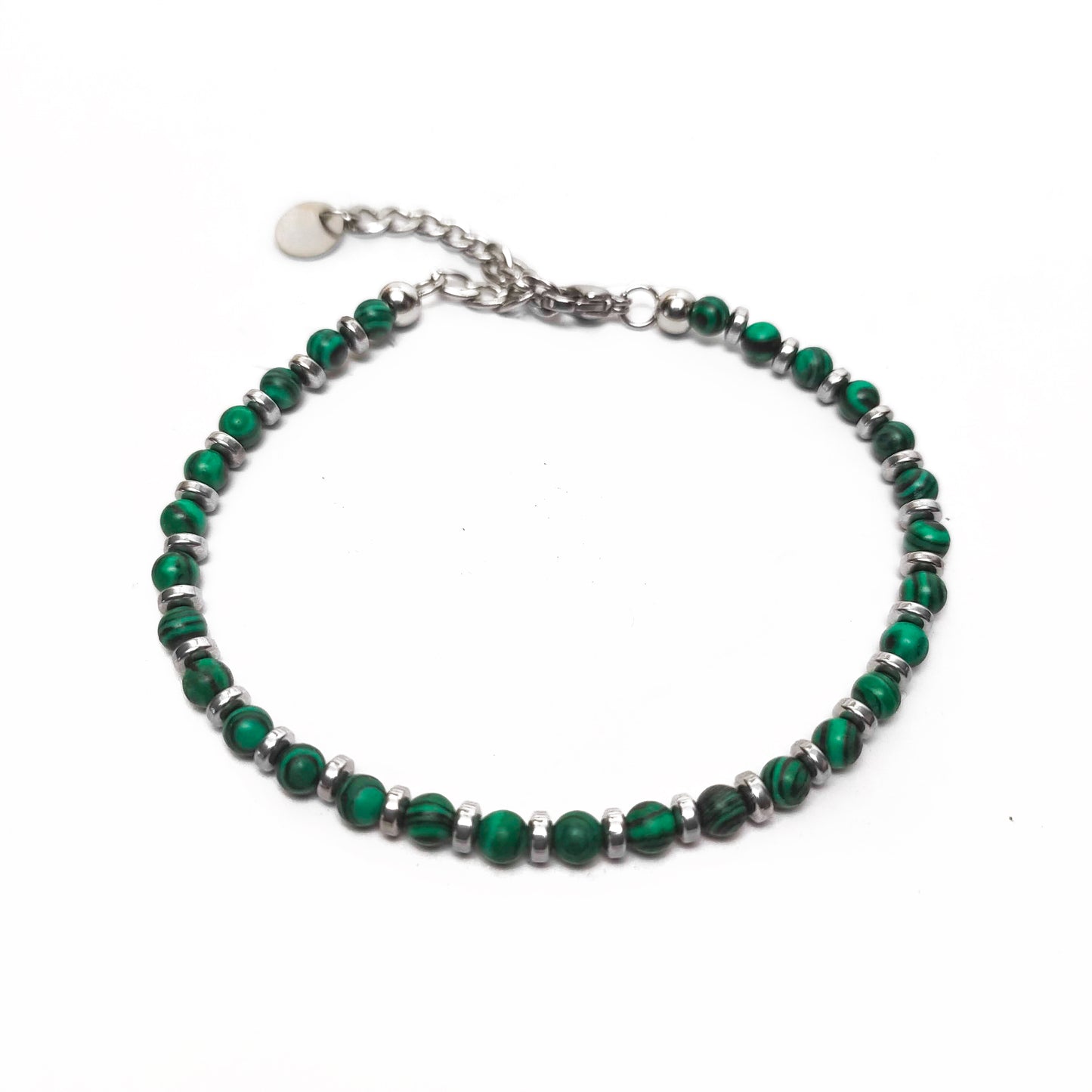 Bracciale con Perle di Malachite Verde e Rondelle di Ematite Argento