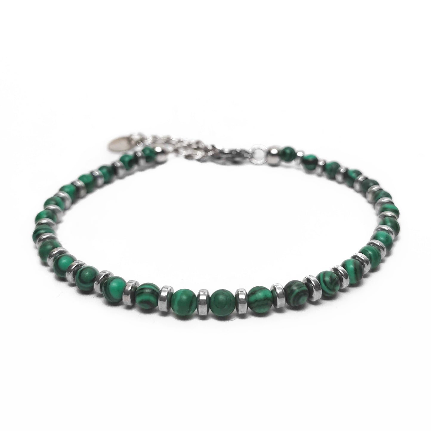 Bracciale con Perle di Malachite Verde e Rondelle di Ematite Argento