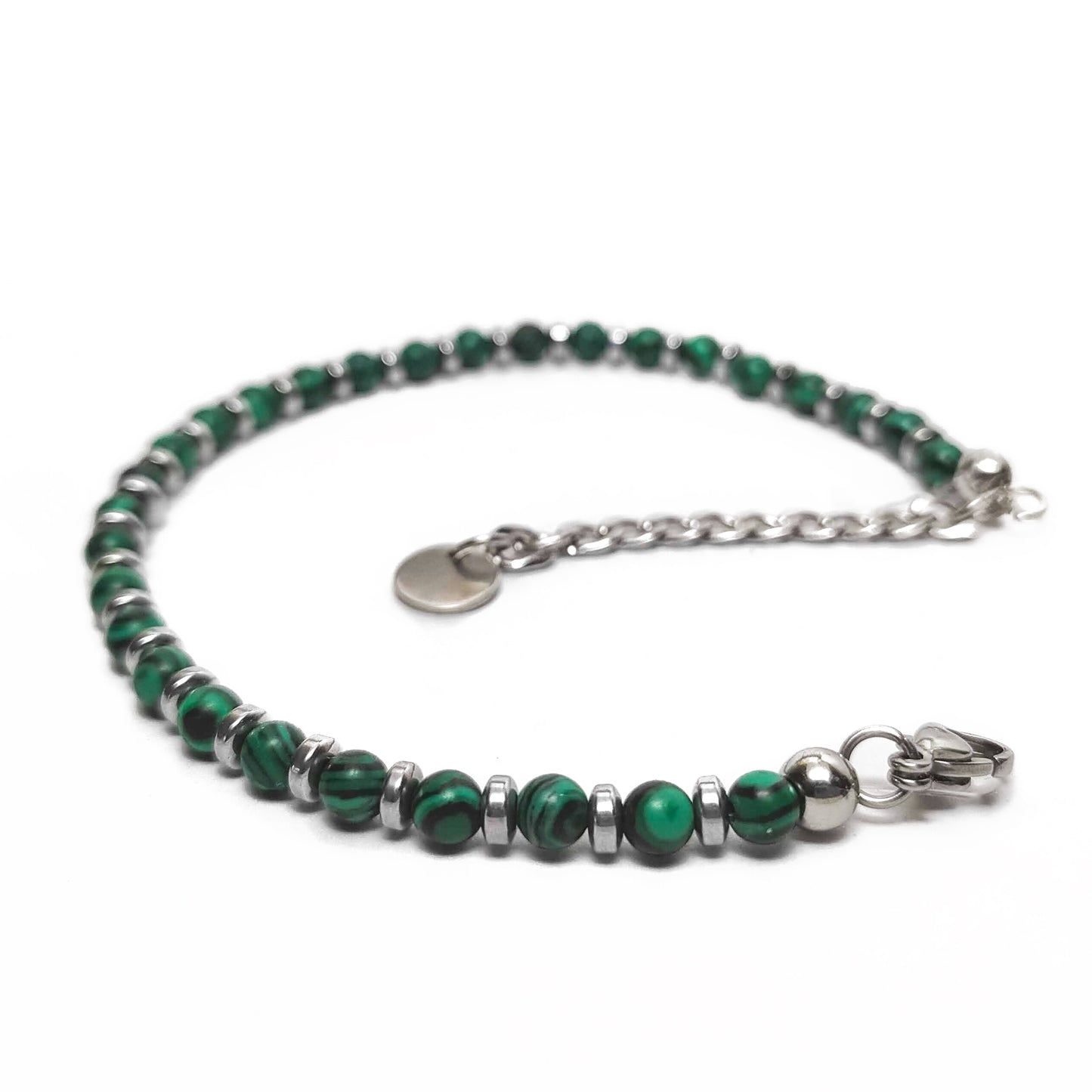 Bracciale con Perle di Malachite Verde e Rondelle di Ematite Argento