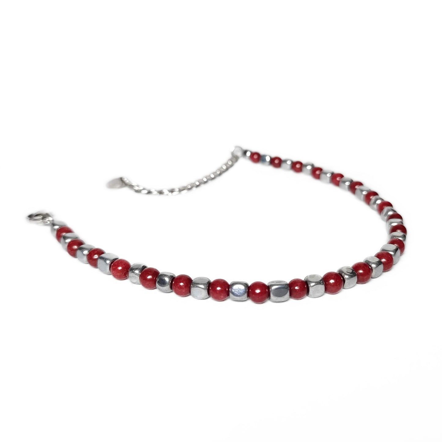 Bracciale da Uomo con Perle di Corallo Rosso e Dadi di Ematite Acciaio