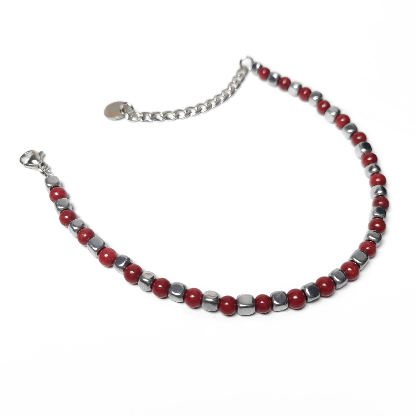 Bracciale da Uomo con Perle di Corallo Rosso e Dadi di Ematite Acciaio