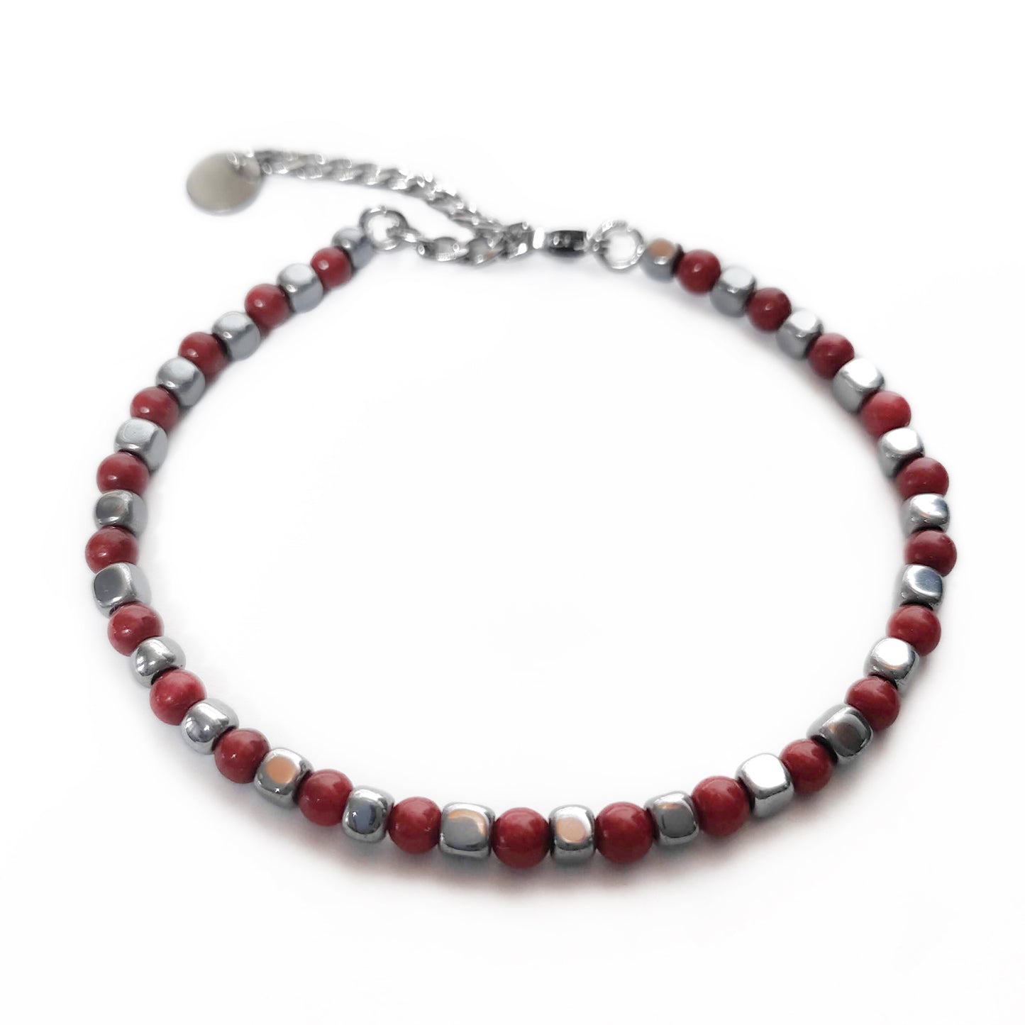 Bracciale da Uomo con Perle di Corallo Rosso e Dadi di Ematite Acciaio