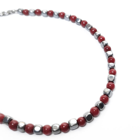 Bracciale da Uomo con Perle di Corallo Rosso e Dadi di Ematite Acciaio