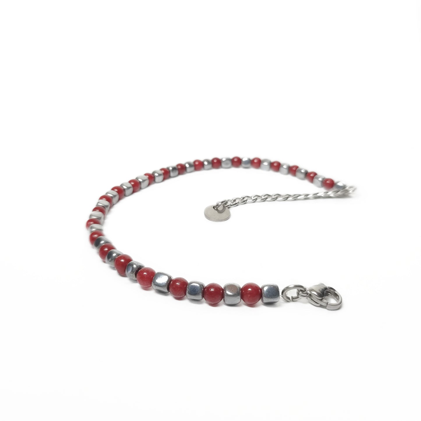 Bracciale da Uomo con Perle di Corallo Rosso e Dadi di Ematite Acciaio