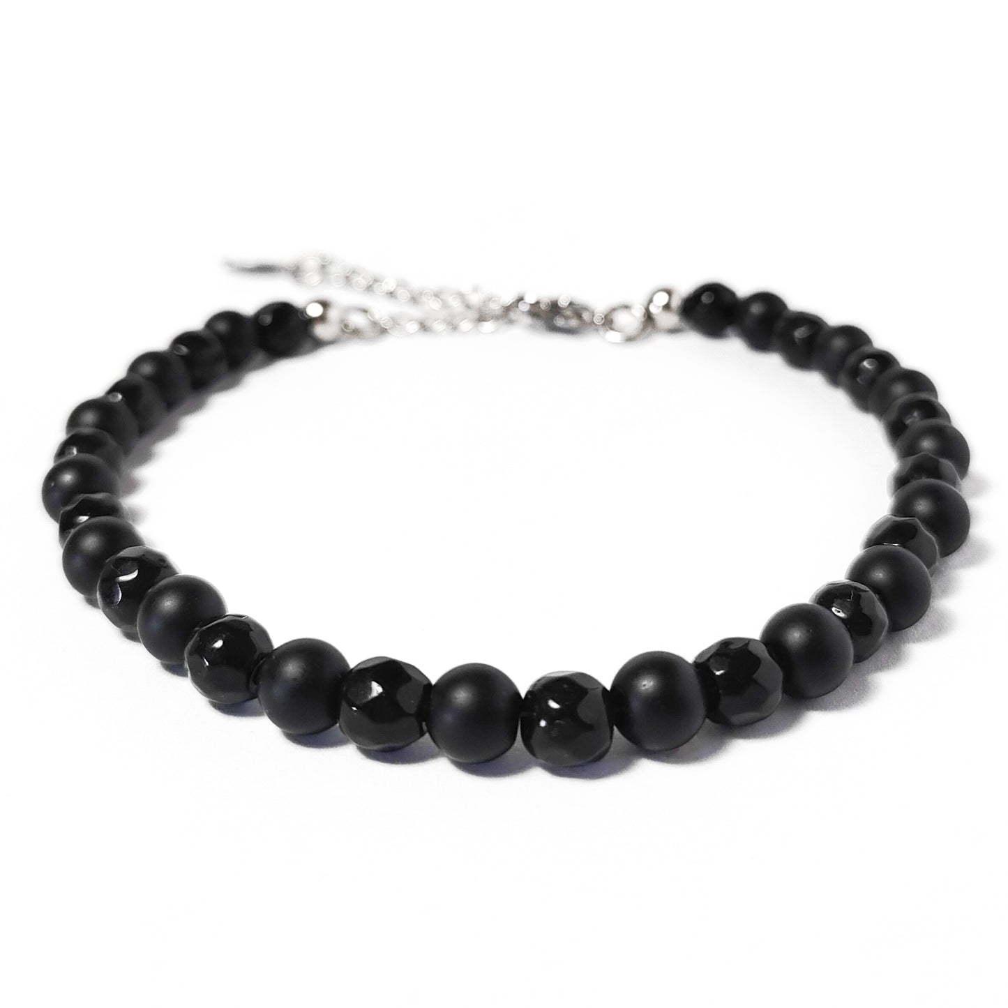 Bracciale Uomo Acciaio con Perle 6mm Onice Nero Satinato e Sfaccettato