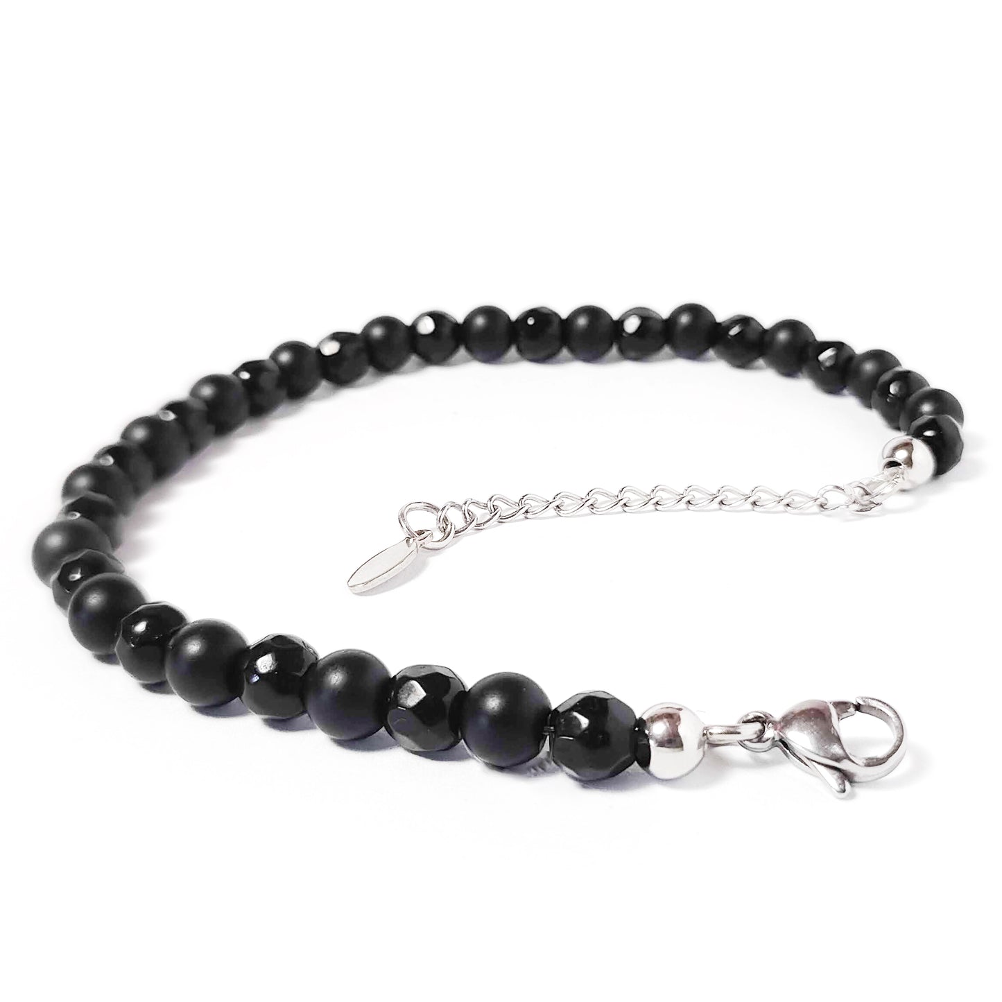 Bracciale Uomo Acciaio con Perle 6mm Onice Nero Satinato e Sfaccettato