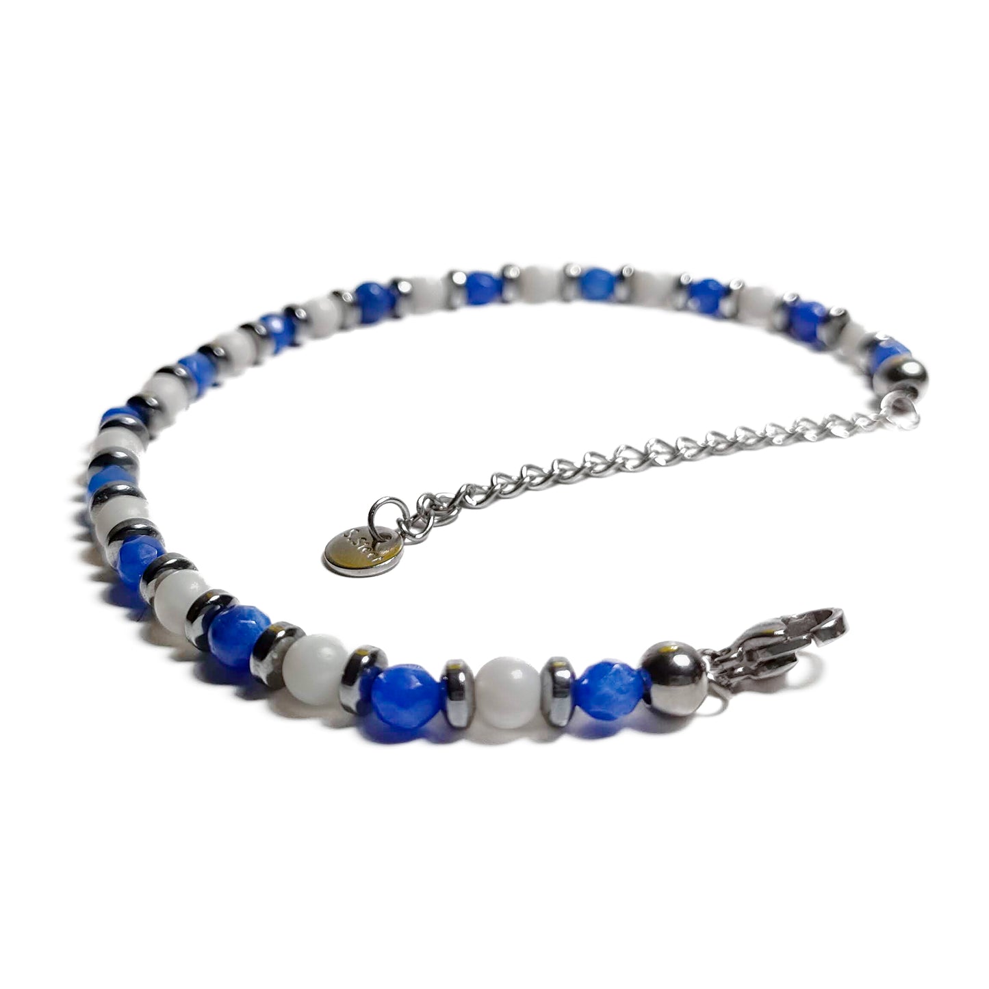 Bracciale con Agata Blu Ematite Argento Calcite in Acciaio Inox e Pietre Dure